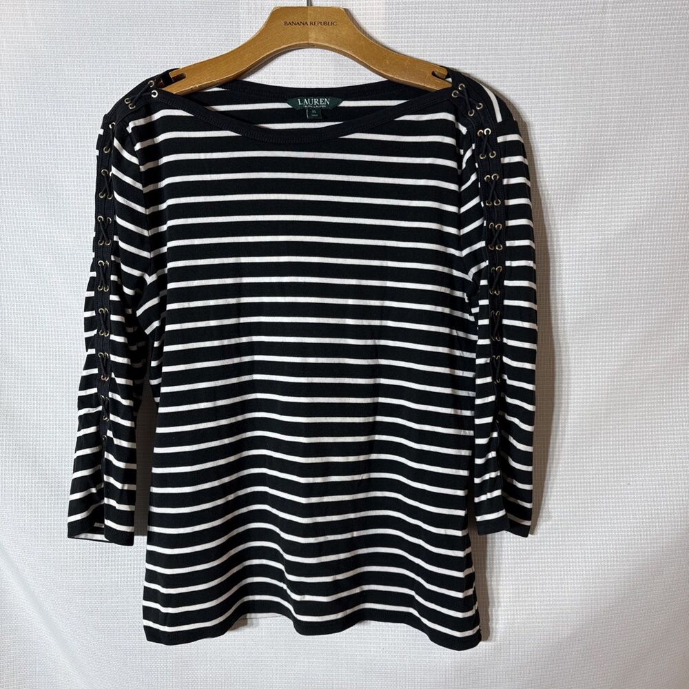Lauren Ralph Lauren LS Black White Striped Eyelet Laced Sleeves Nautical - XL